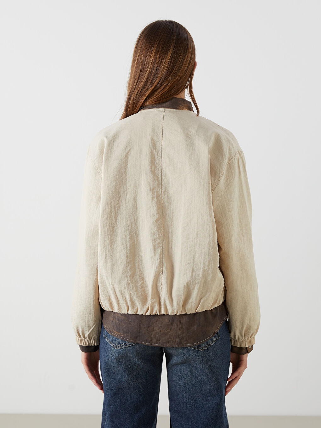 Bej Bisiklet Yaka Oversize Kadın Bomber Ceket-4