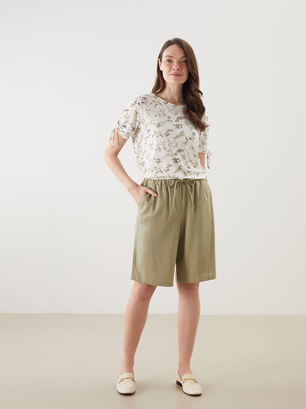 Plain Linen Blend Women's Shorts with Elastic Waist -S5JY63Z8-CTA