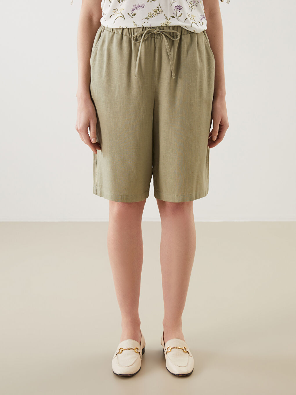Plain Linen Blend Women's Shorts with Elastic Waist -S5JY63Z8-CTA