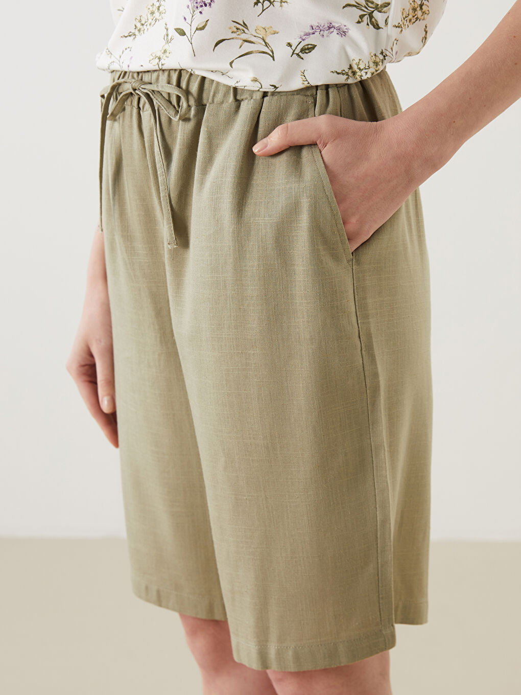 Plain Linen Blend Women's Shorts with Elastic Waist -S5JY63Z8-CTA