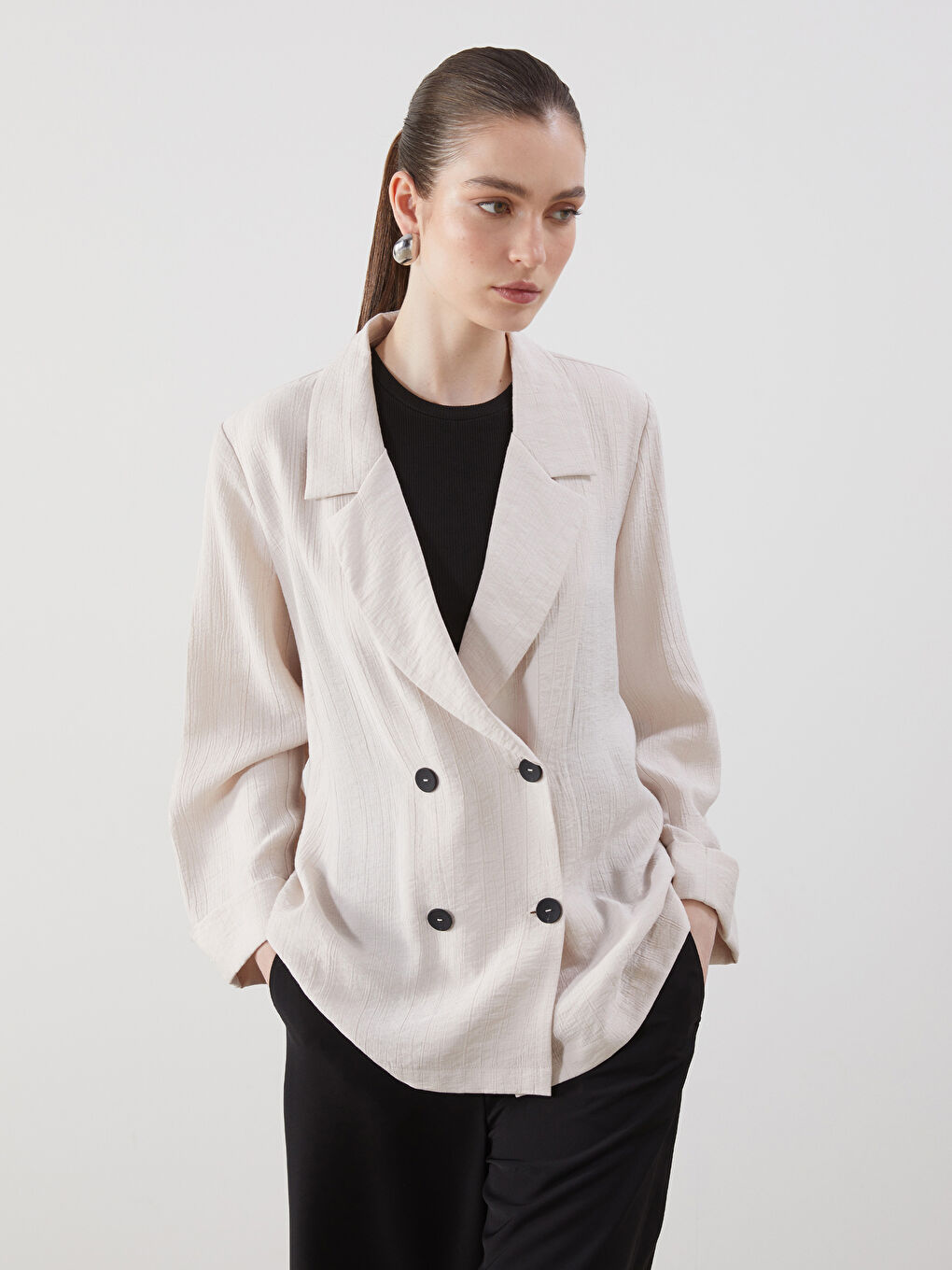 Bej Loose Fit Kadın Blazer Ceket-1