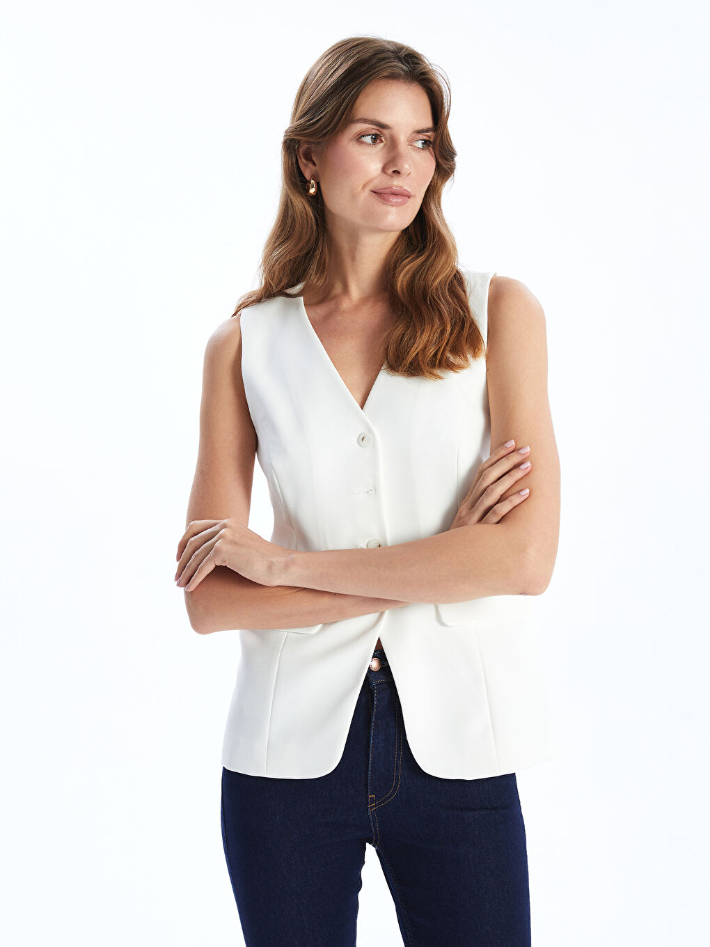 Beyaz V Yaka Kadın Klasik Yelek-2