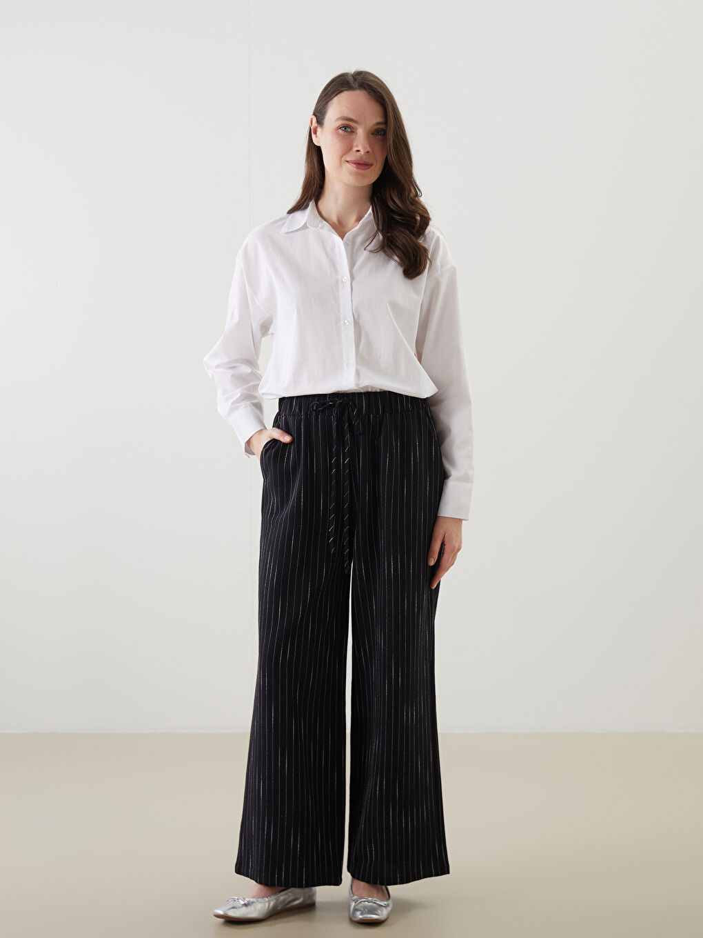 Striped Linen Blend Women's Trousers with Elastic Waist -S5K084Z8-LEG