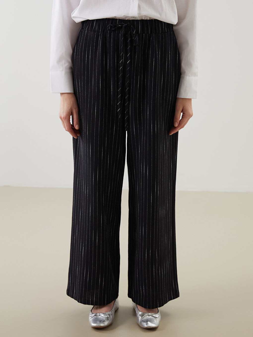 Striped Linen Blend Women's Trousers with Elastic Waist -S5K084Z8-LEG