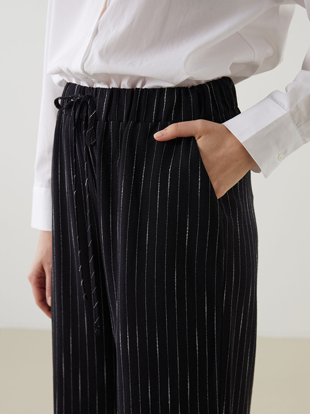 Striped Linen Blend Women's Trousers with Elastic Waist -S5K084Z8-LEG