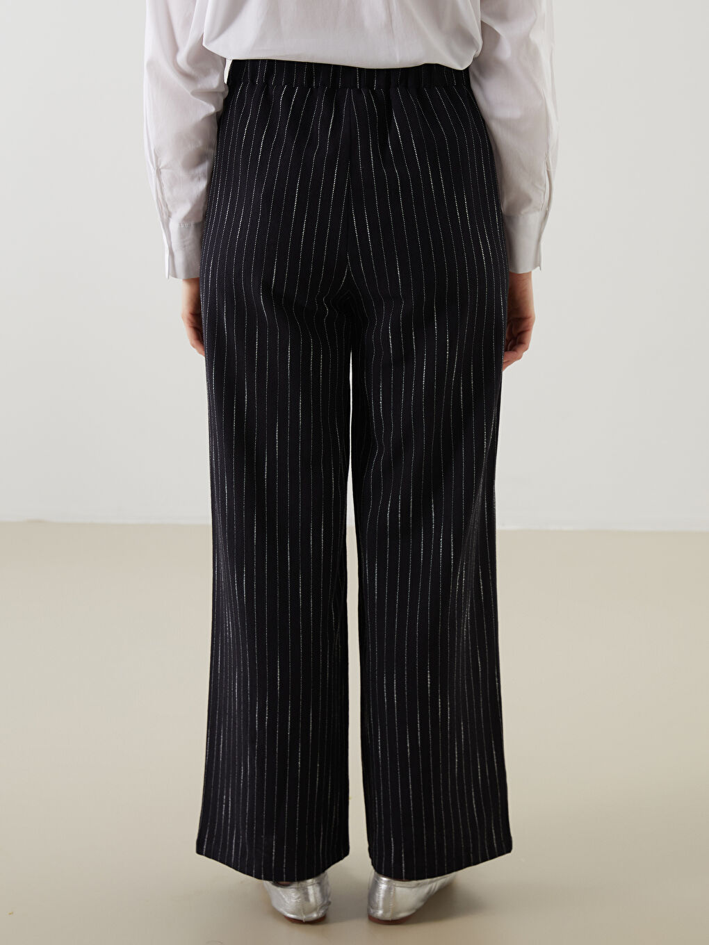 Striped Linen Blend Women's Trousers with Elastic Waist -S5K084Z8-LEG