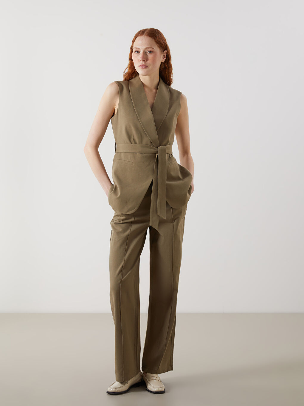 Haki Ceket Yaka Keten Karışımlı Kadın Klasik Yelek-3