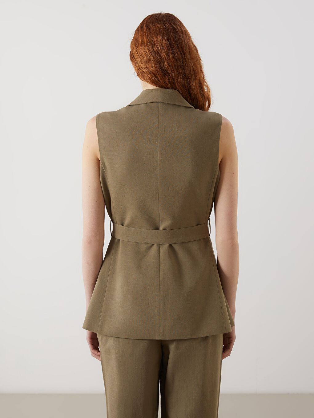 Haki Ceket Yaka Keten Karışımlı Kadın Klasik Yelek-7