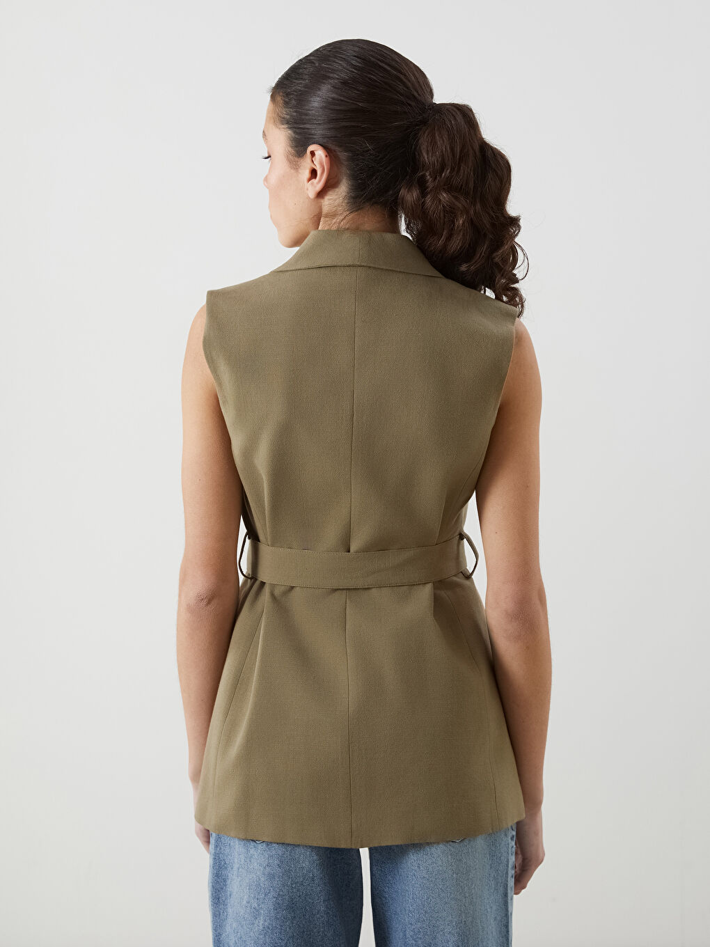 Haki Ceket Yaka Keten Karışımlı Kadın Klasik Yelek-6