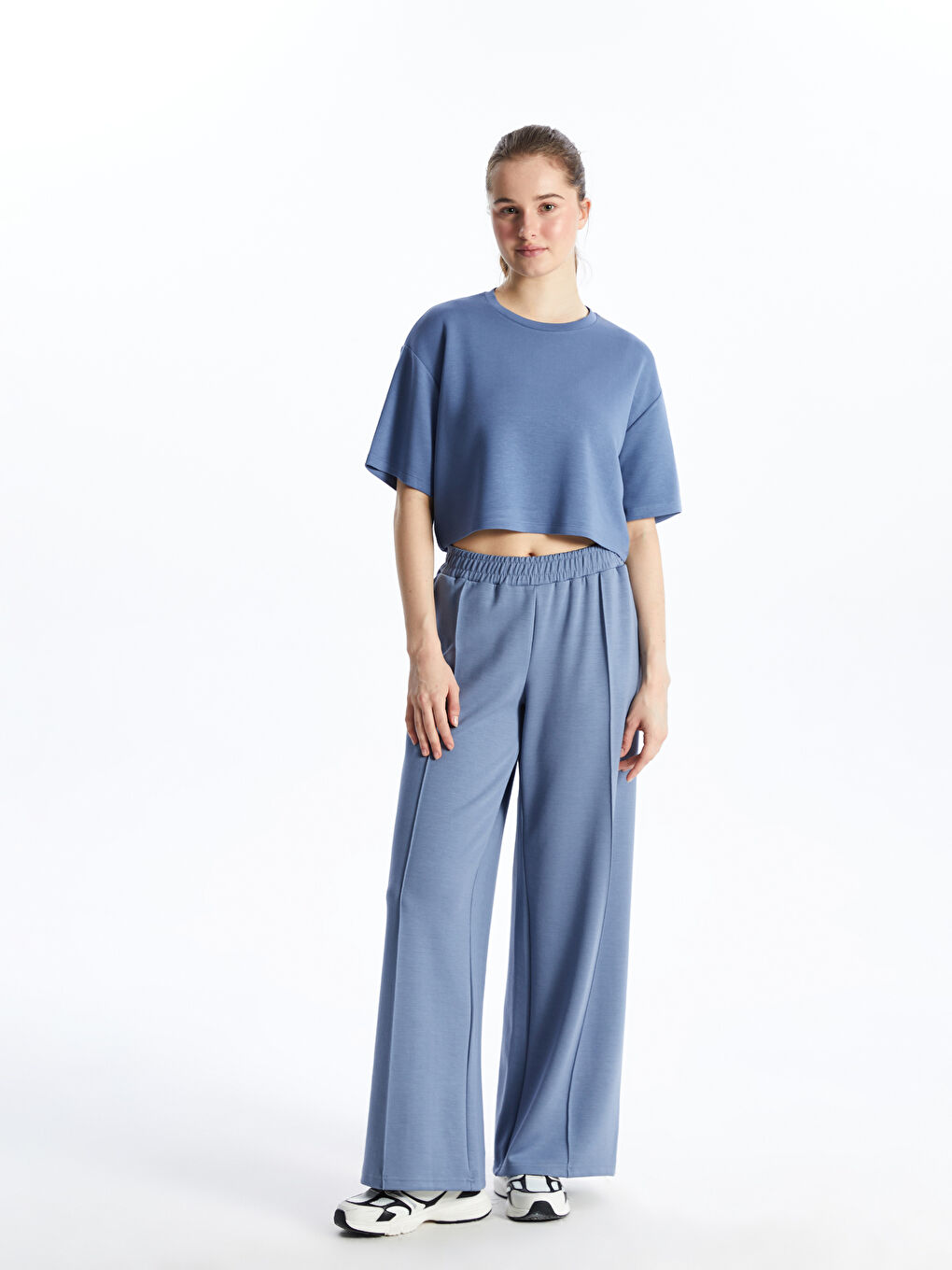 İndigo Bisiklet Yaka Crop Kadın Spor Tişört-1