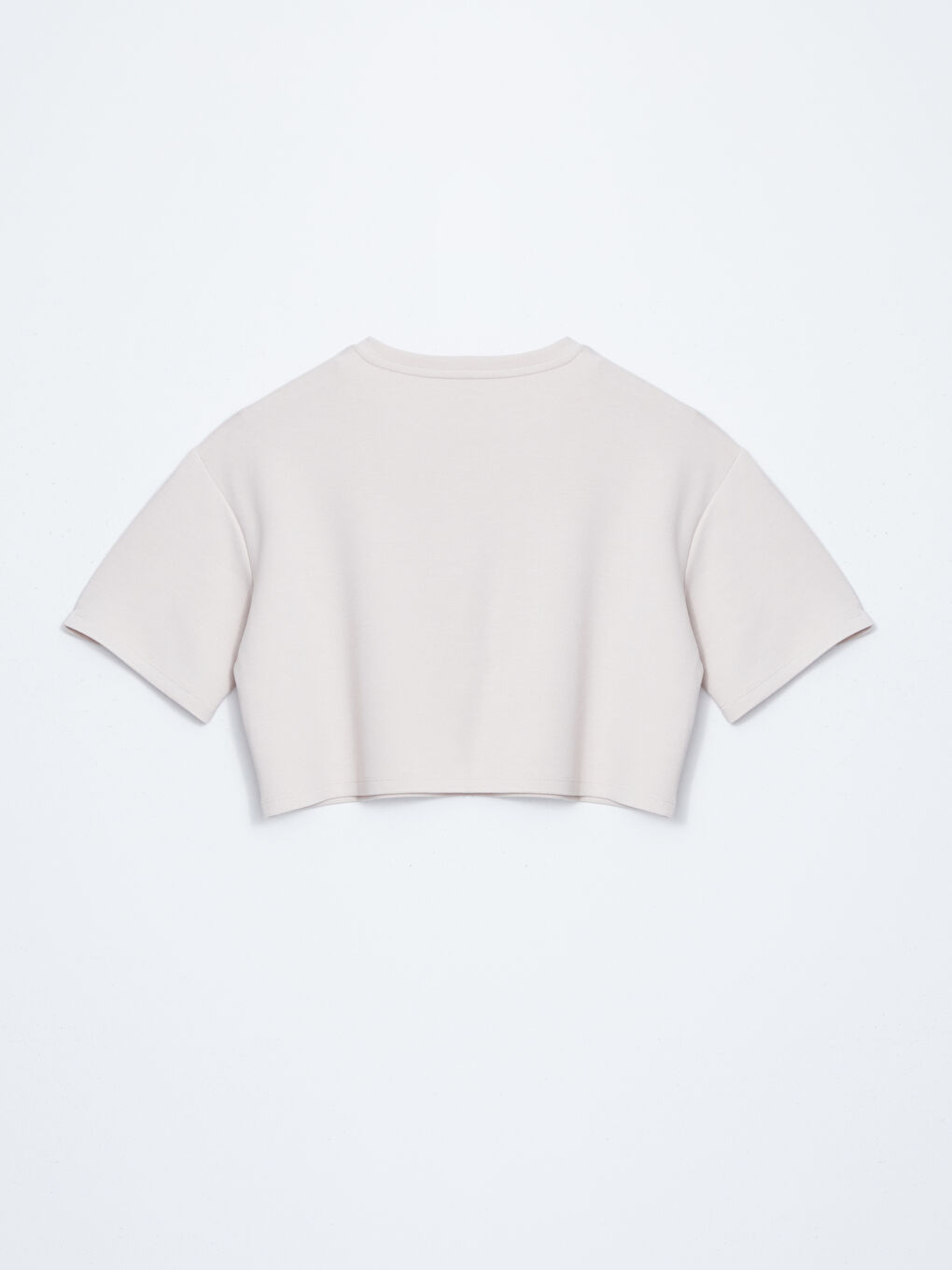 Bej Bisiklet Yaka Crop Kadın Spor Tişört-5