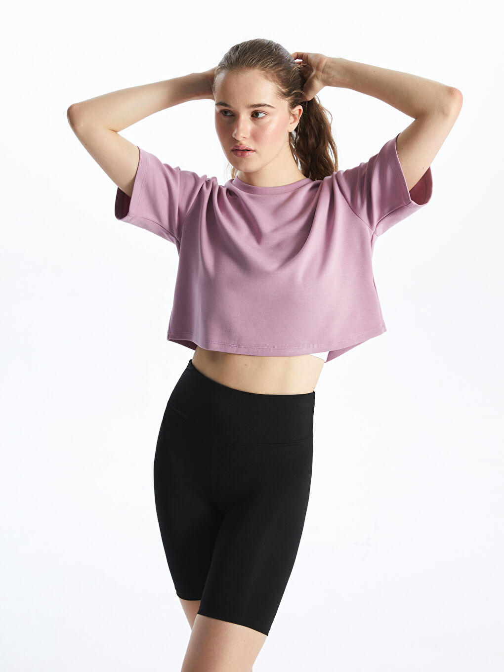 Mor Bisiklet Yaka Crop Kadın Spor Tişört