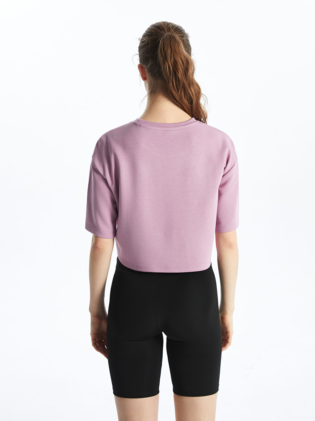 Mor Bisiklet Yaka Crop Kadın Spor Tişört-3