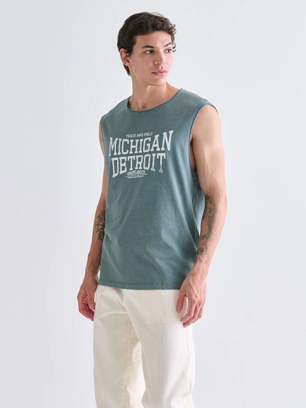 Yeşil Bisiklet Yaka Baskılı Penye Erkek Kolsuz Tişört