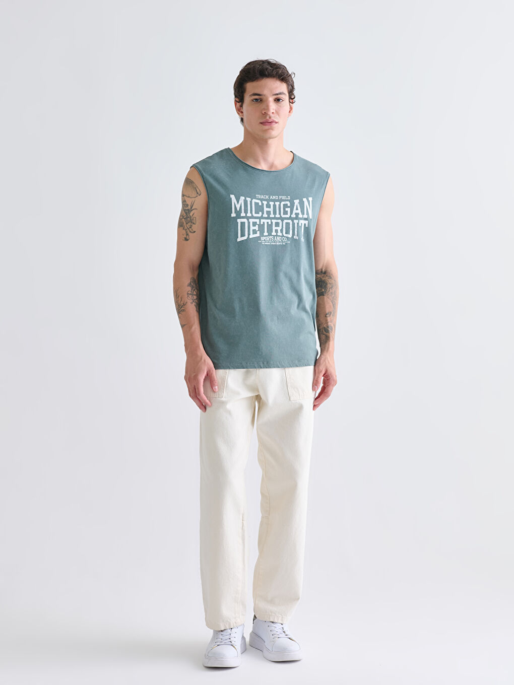 Yeşil Bisiklet Yaka Baskılı Penye Erkek Kolsuz Tişört-1