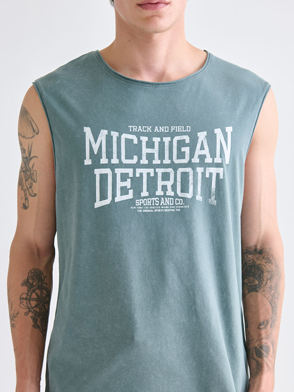 Yeşil Bisiklet Yaka Baskılı Penye Erkek Kolsuz Tişört-2