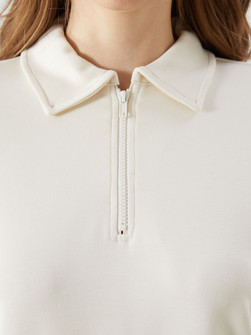 Bej Polo Yaka Oversize Kadın Sweatshirt-2