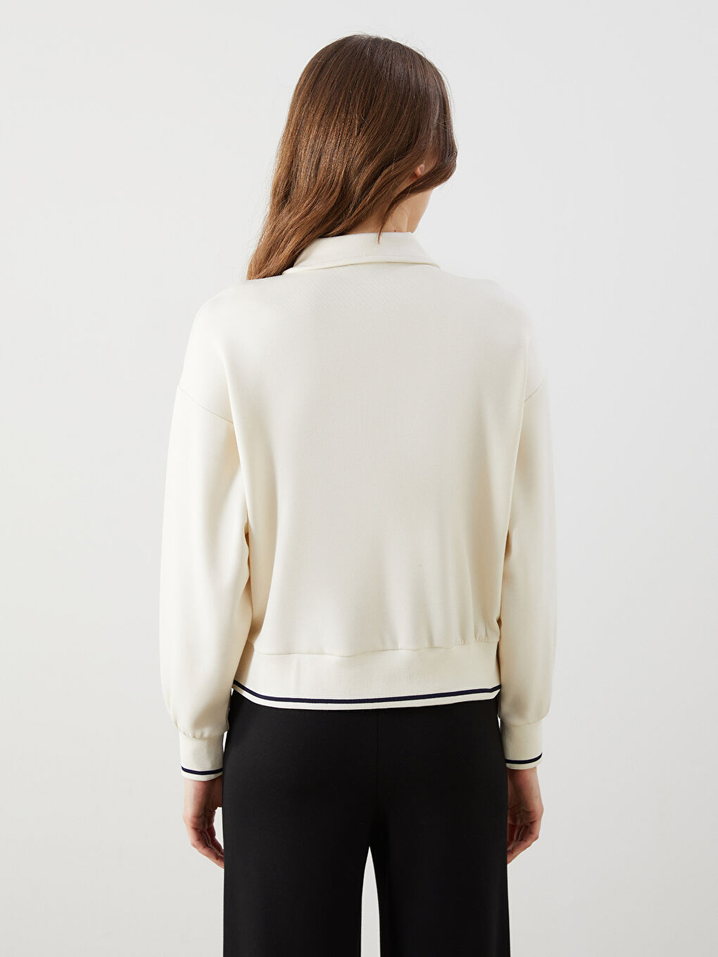 Bej Polo Yaka Oversize Kadın Sweatshirt-3