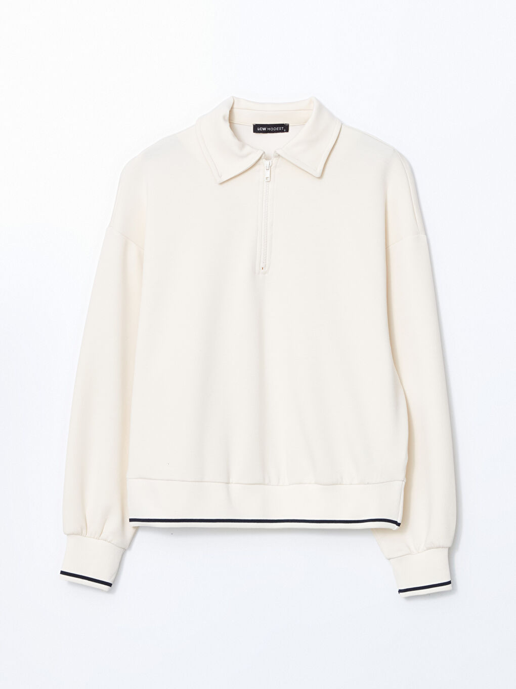 Bej Polo Yaka Oversize Kadın Sweatshirt-4