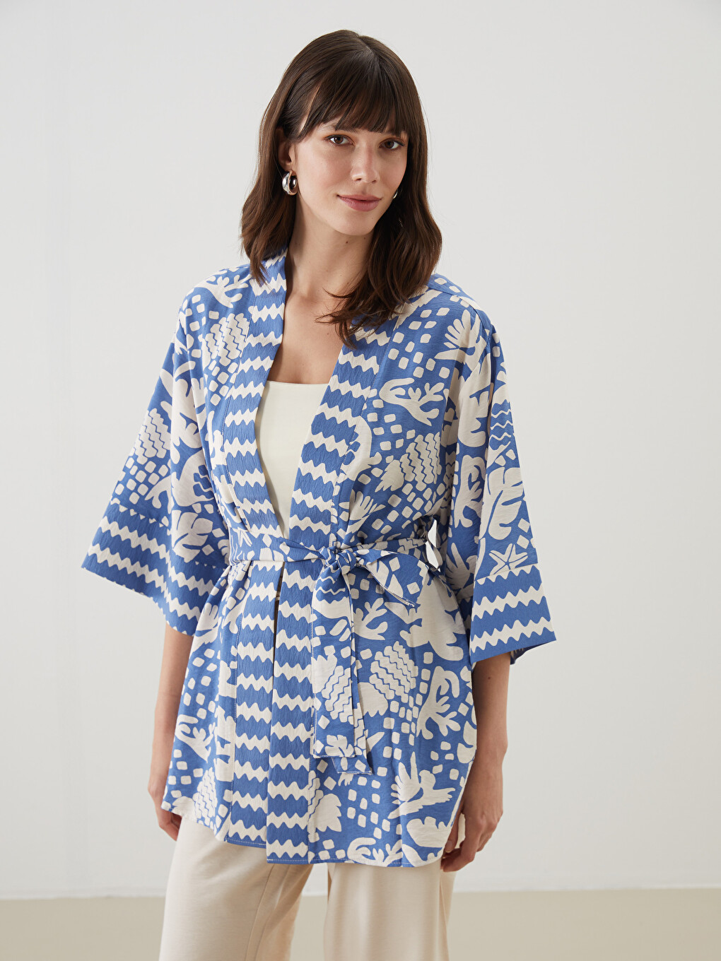 Mavi Şal Yaka Desenli Oversize Kadın Kimono
