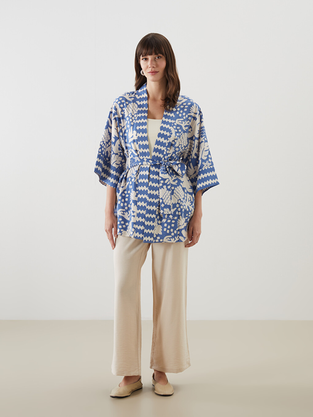 Mavi Şal Yaka Desenli Oversize Kadın Kimono-1