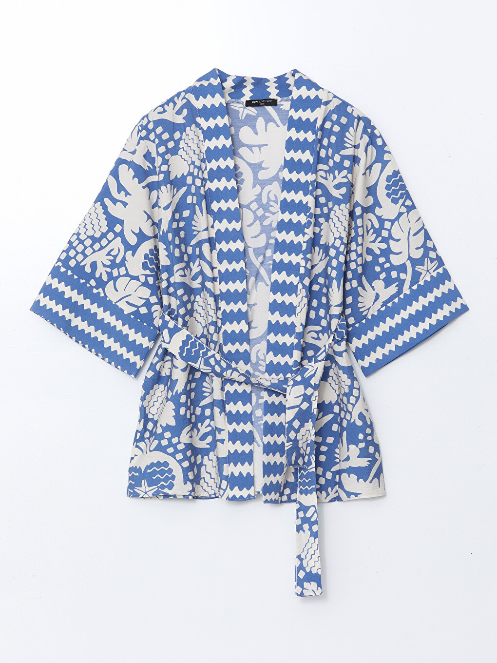 Mavi Şal Yaka Desenli Oversize Kadın Kimono-4