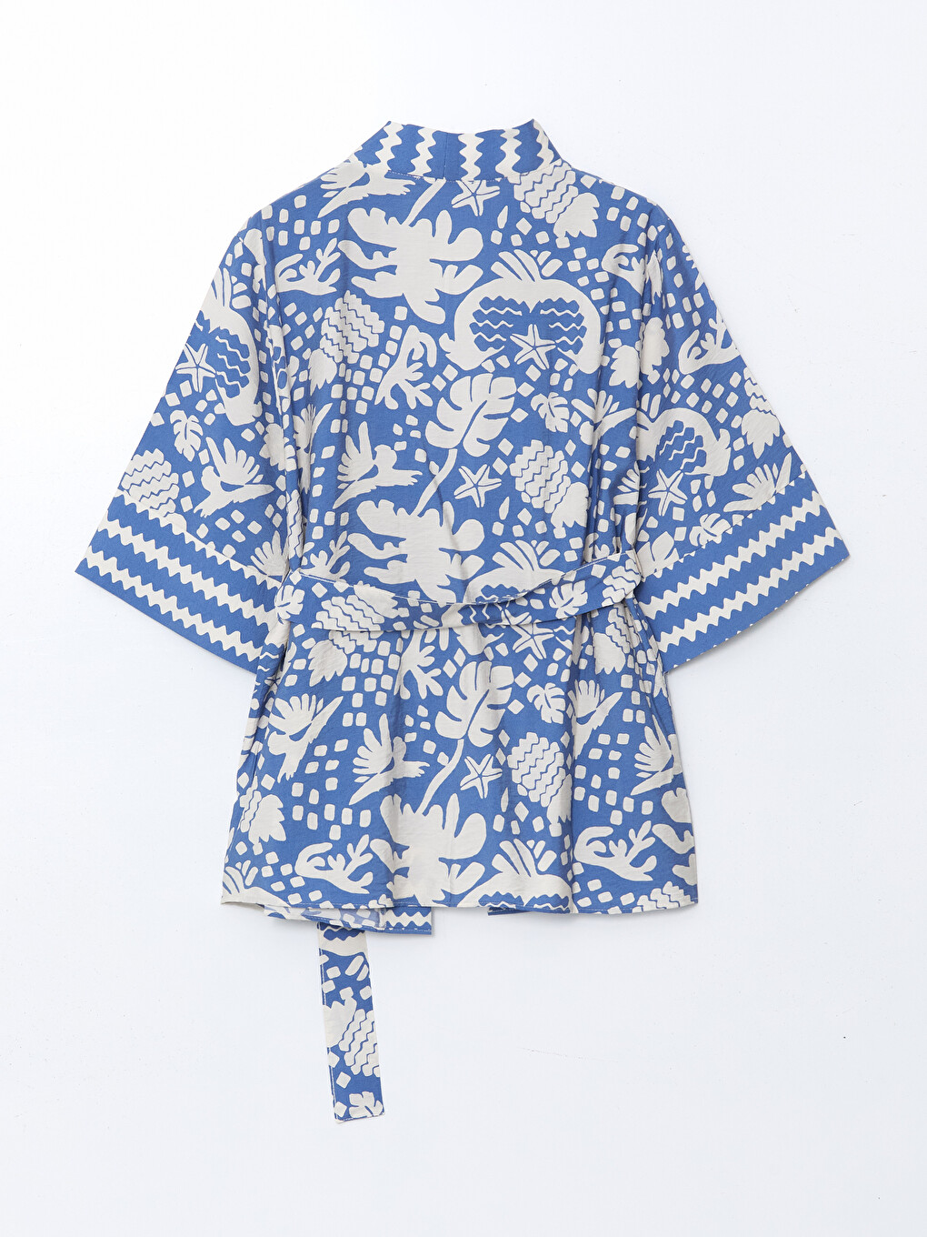 Mavi Şal Yaka Desenli Oversize Kadın Kimono-5