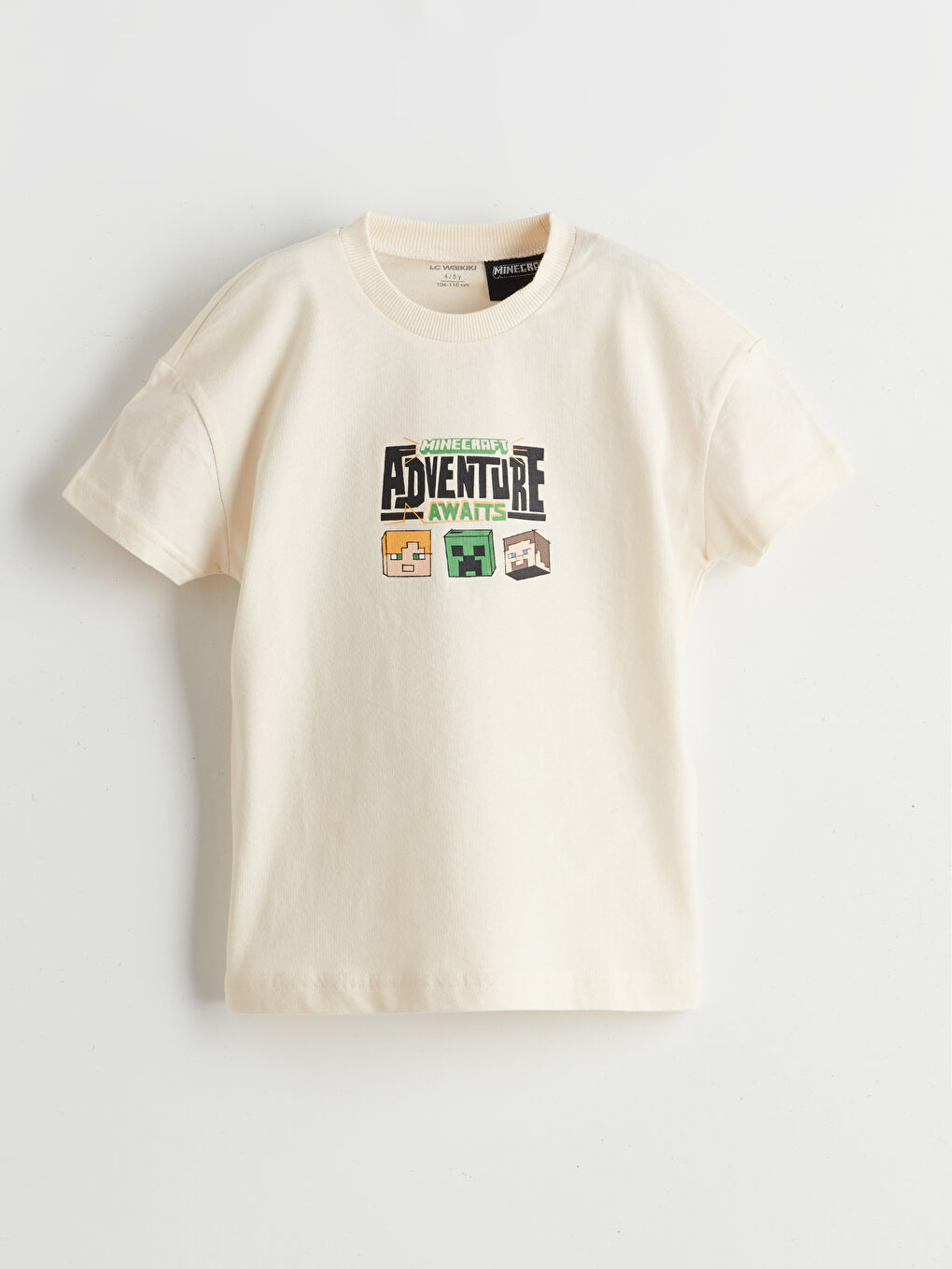 Bej Bisiklet Yaka Minecraft Baskılı Erkek Çocuk Tişört-1