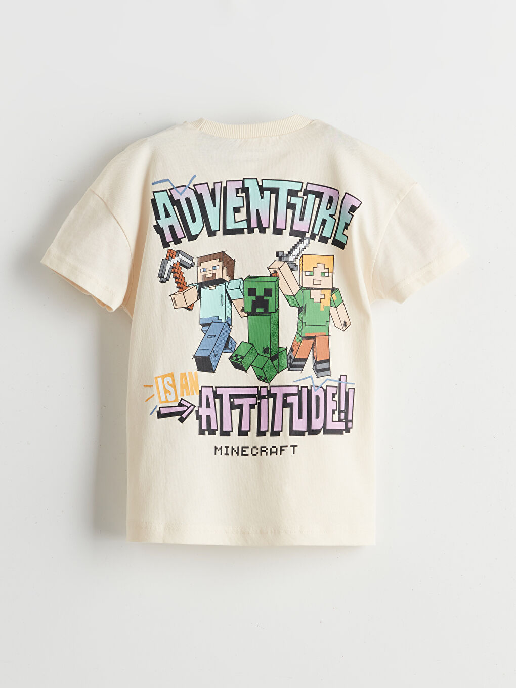 Bej Bisiklet Yaka Minecraft Baskılı Erkek Çocuk Tişört-3