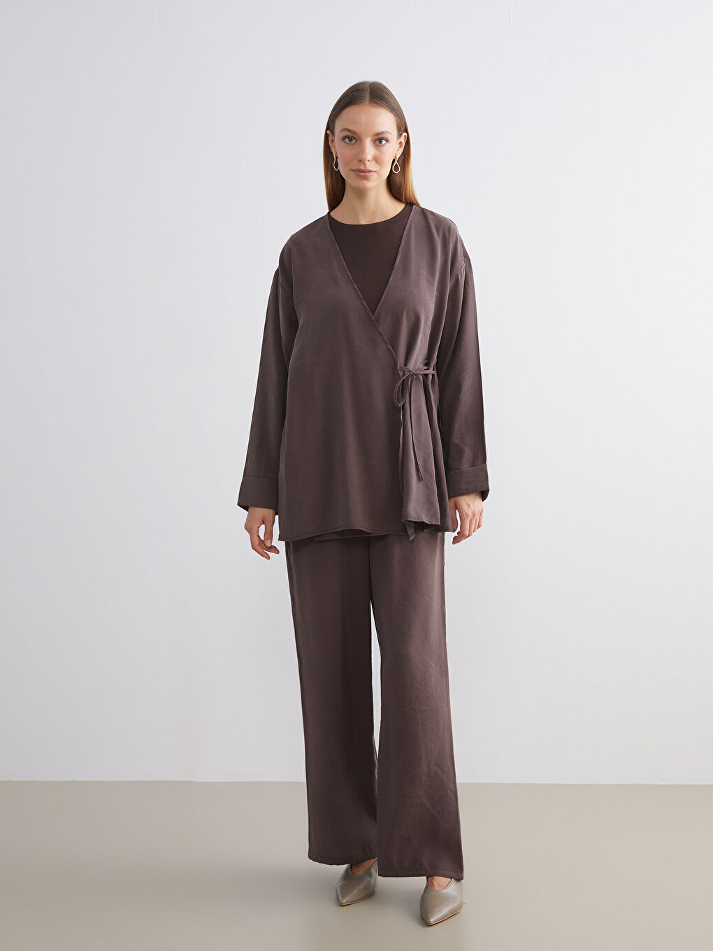 Kahverengi Kruvaze Yaka Modal Karışımlı Kadın Kimono-1