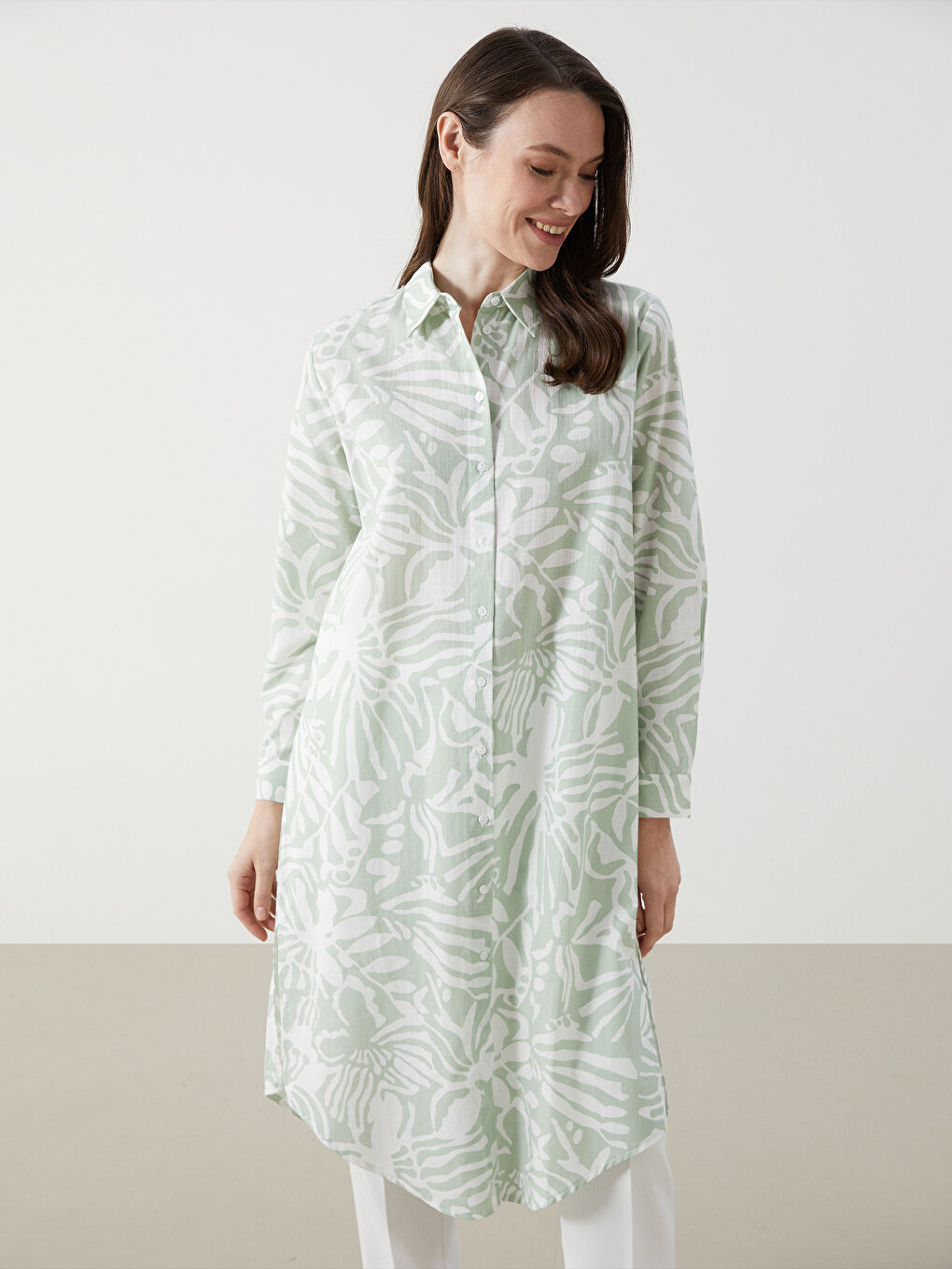 Yeşil Çiçekli Kadın Gömlek Tunik