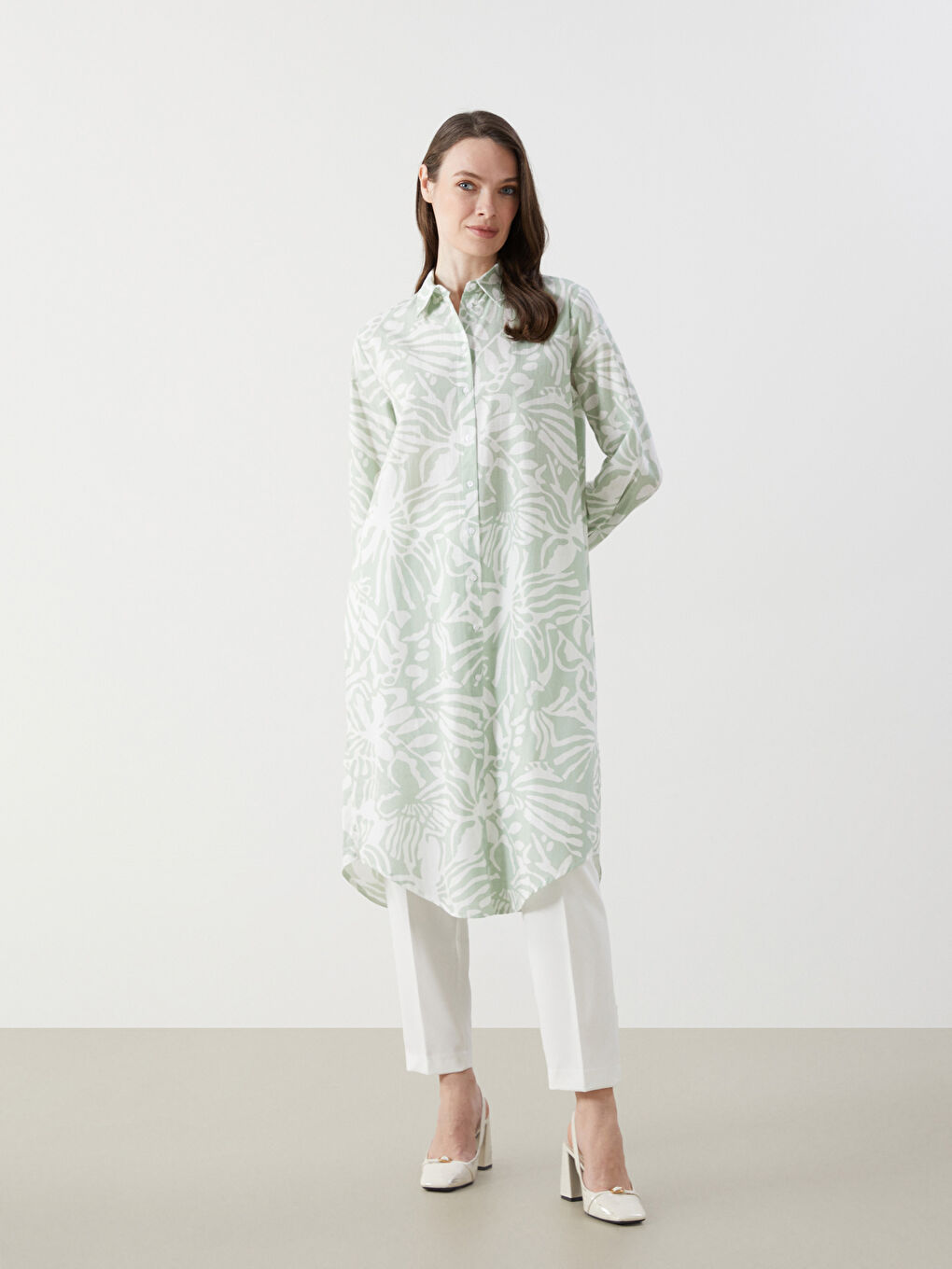 Yeşil Çiçekli Kadın Gömlek Tunik-1