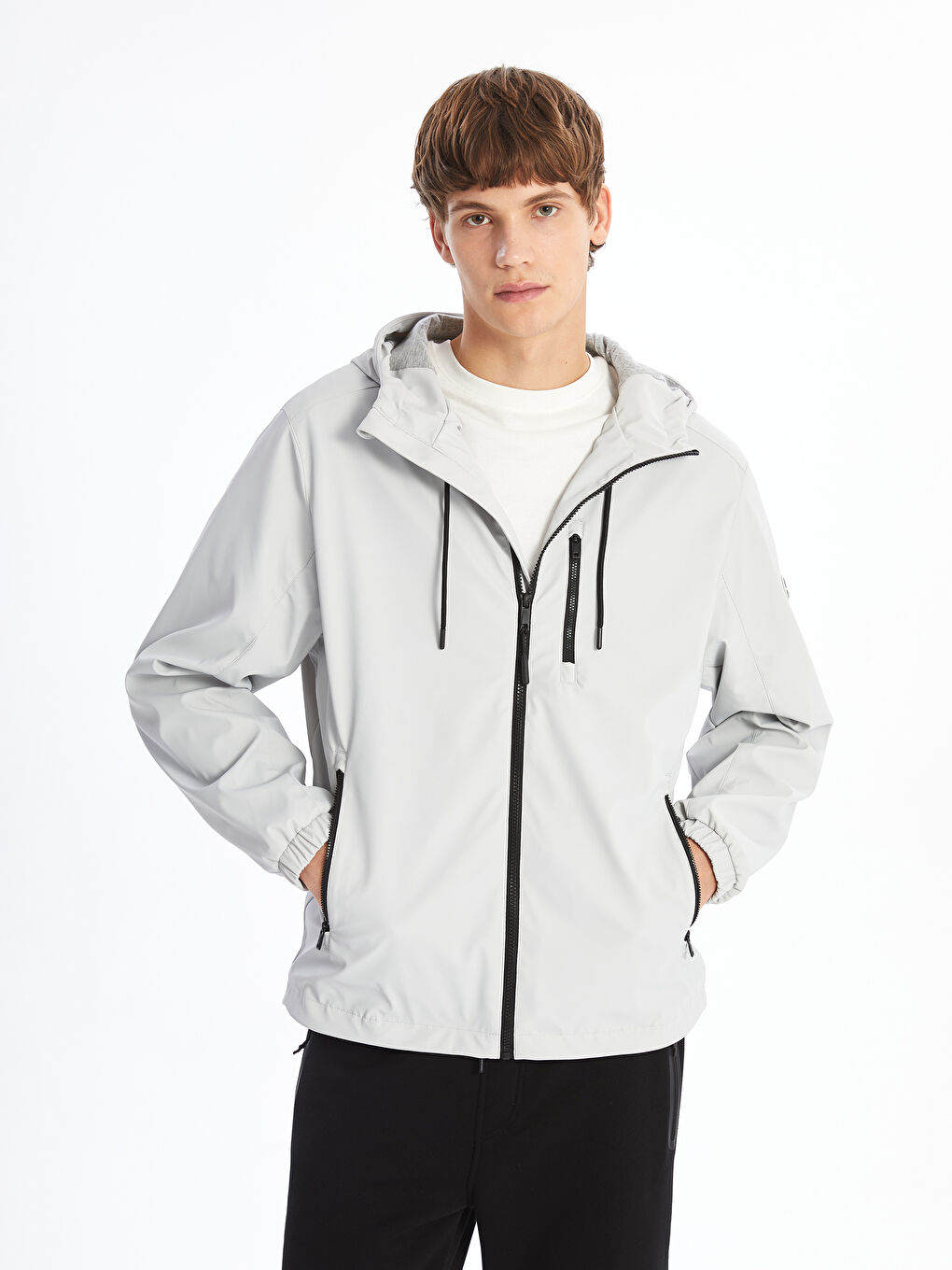 Bej Standart Kalıp Kapüşonlu Erkek İnce Mont-1