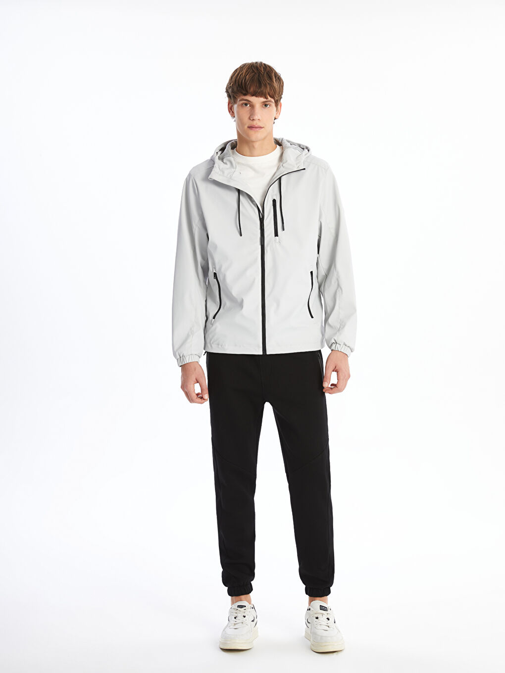 Bej Standart Kalıp Kapüşonlu Erkek İnce Mont-3