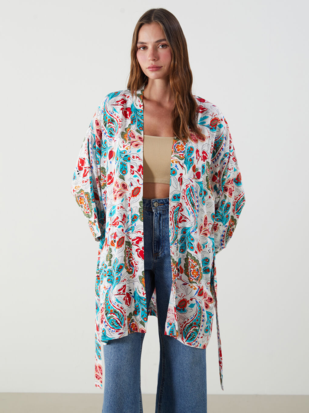 Shawl Collar Patterned Oversize Women's Kimono -S5K332Z8-LTQ
