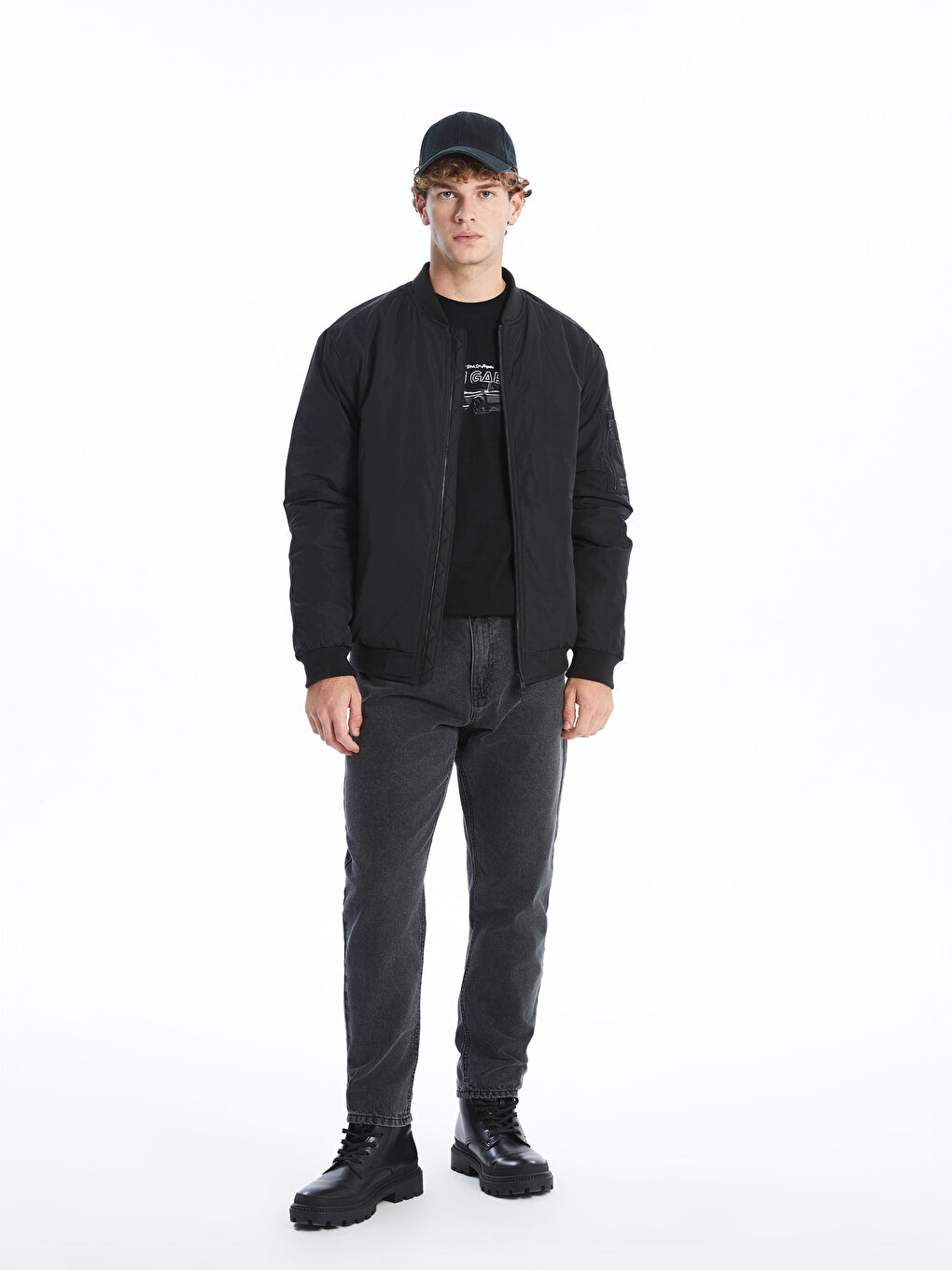 Siyah Standart Kalıp Kolej Yaka Erkek Bomber Mont-1