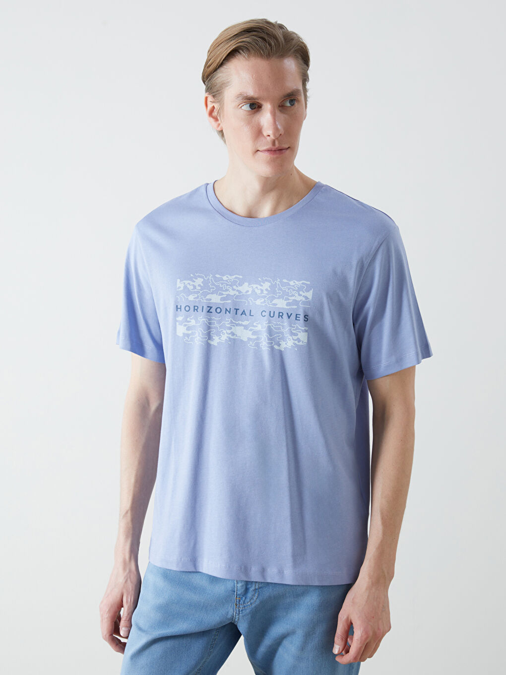 Lila Bisiklet Yaka Baskılı Erkek Tişört