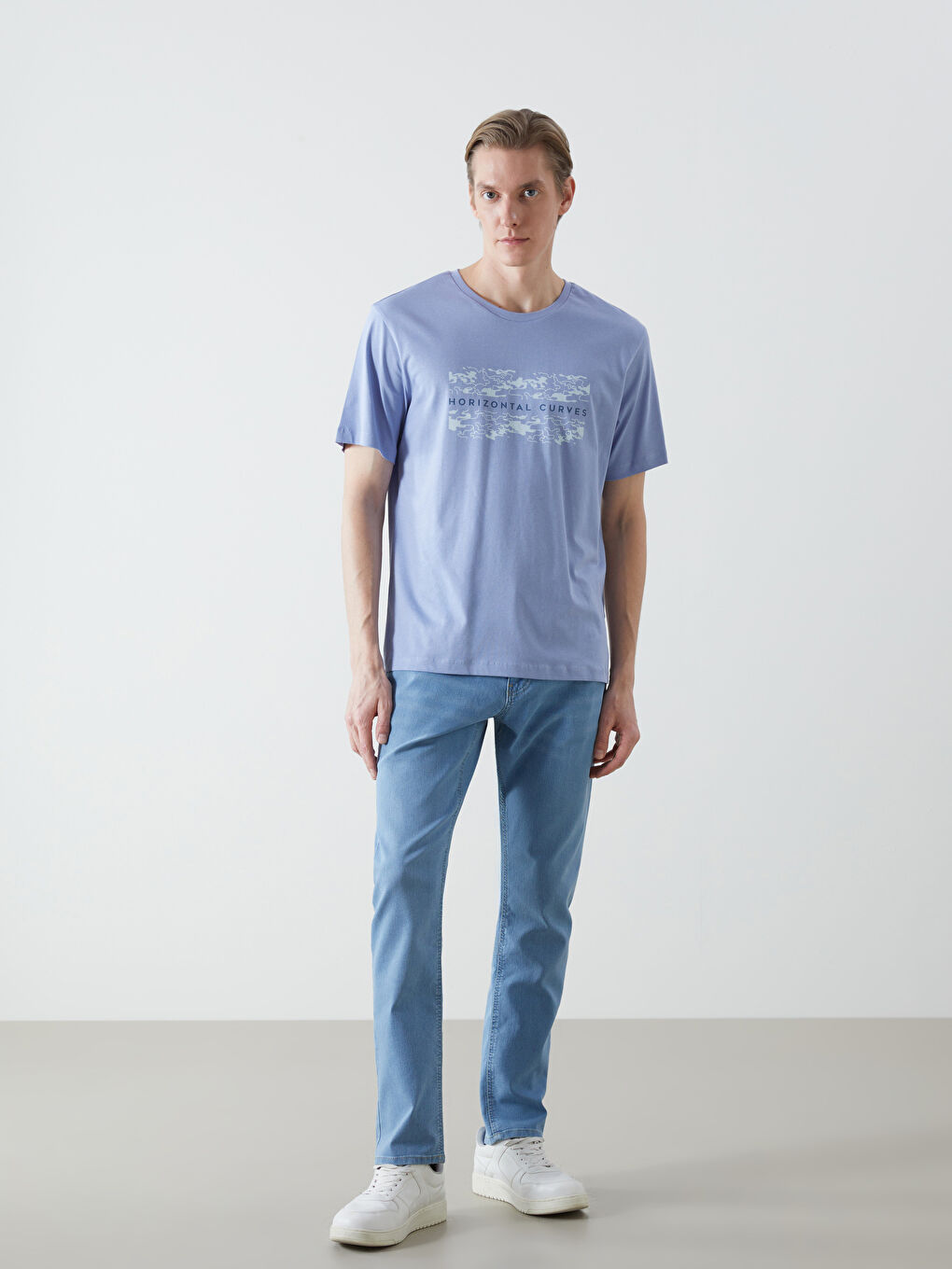 Lila Bisiklet Yaka Baskılı Erkek Tişört-1