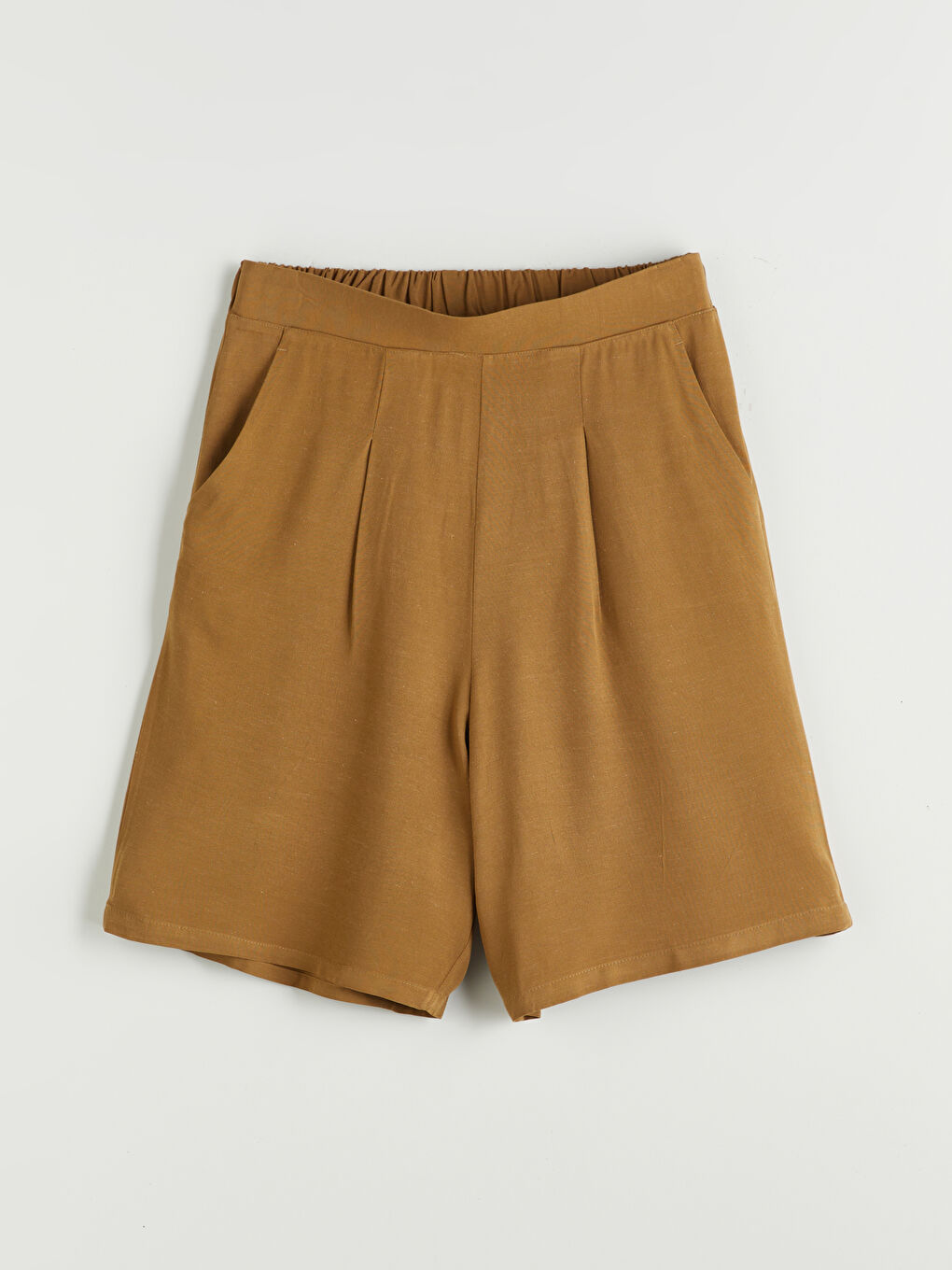 Haki Beli Lastikli Keten Karışımlı Kadın Şort-4