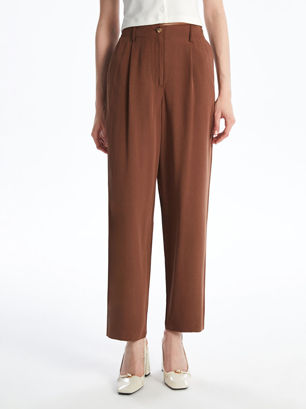 Kahverengi Keten Karışımlı Kadın Pileli Pantolon-1