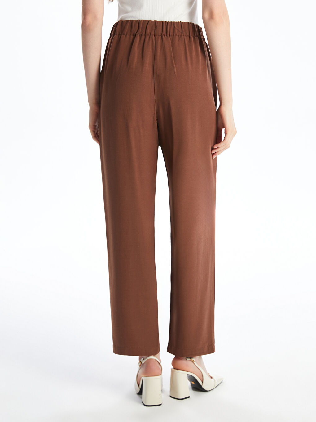 Kahverengi Keten Karışımlı Kadın Pileli Pantolon-3