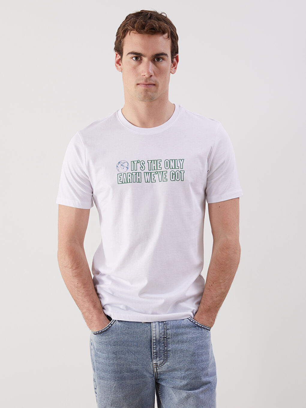 Beyaz Bisiklet Yaka Kısa Kollu Baskılı Penye Erkek Tişört