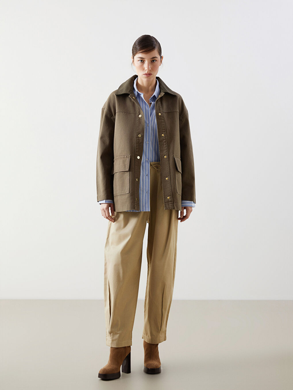 Haki Loose Fit Kadın Gömlek Ceket-1