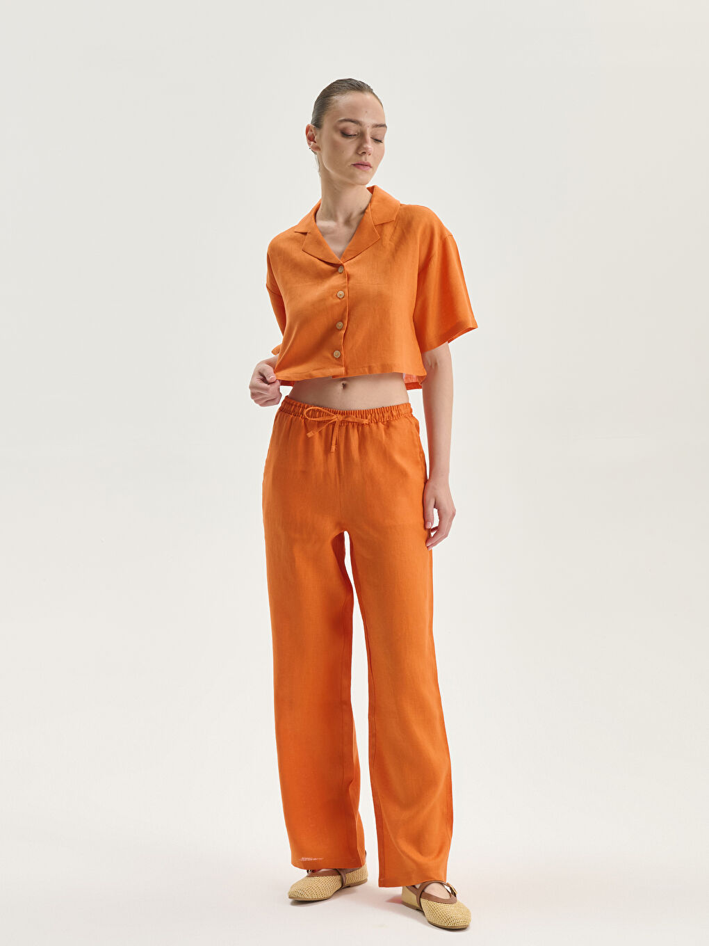 Elasticated Waist Linen Women's Trousers -S5K746Z8-GKV