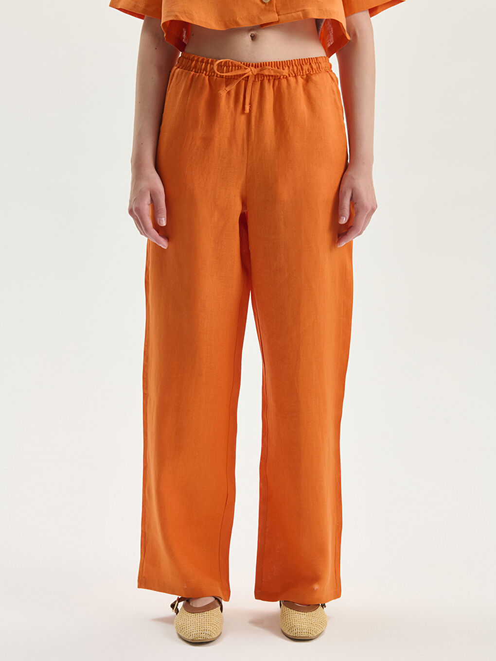 Elasticated Waist Linen Women's Trousers -S5K746Z8-GKV