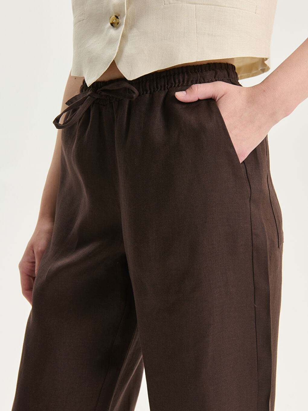 Elasticated Waist Linen Women's Trousers -S5K746Z8-HMK