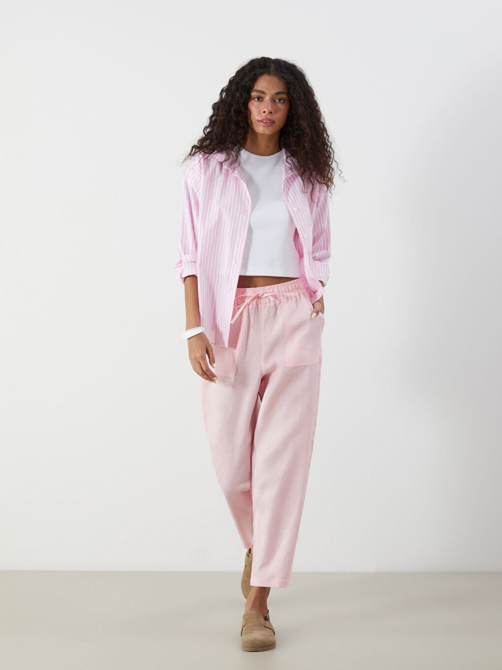 Elasticated Waist Linen Women's Trousers -S5K763Z8-QX9