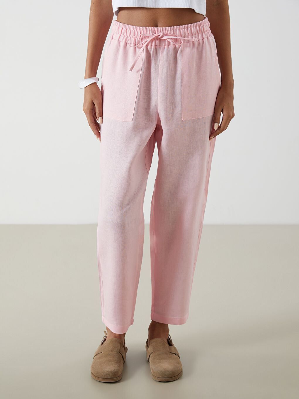 Elasticated Waist Linen Women's Trousers -S5K763Z8-QX9