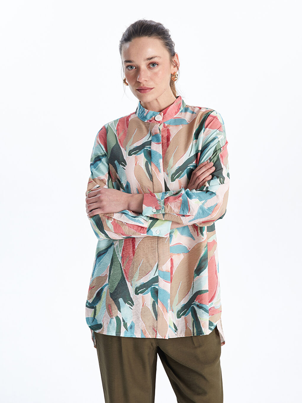 Mandarin Collar Patterned Women's Shirt Tunic -S5K799Z8-LQB
