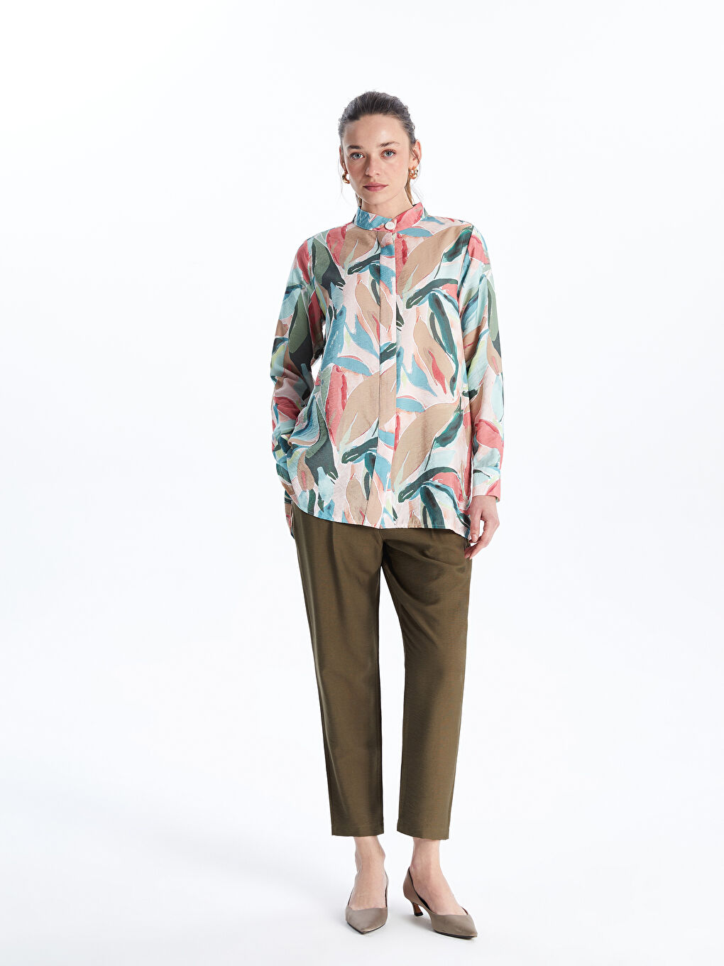 Mandarin Collar Patterned Women's Shirt Tunic -S5K799Z8-LQB